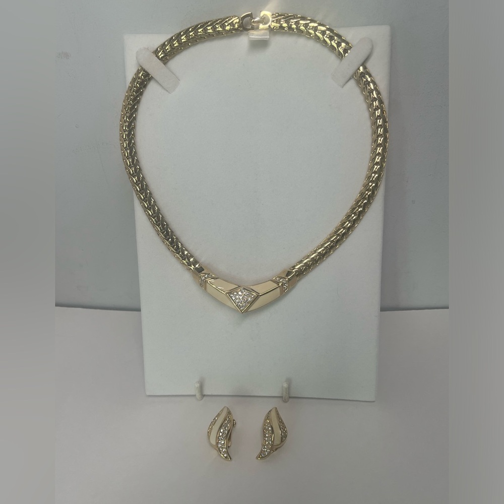 Christian Dior Vintage Beige Enamel Rhinestone Gold-Tone Necklace and Earrings